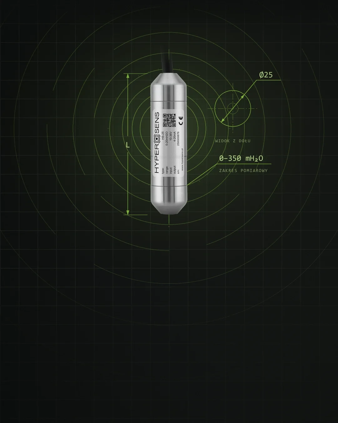Sonda hydrostatyczna HS-25 na tle rysunku technicznego: średnica 25 mm, zakres pomiarowy 0–350 mH₂O