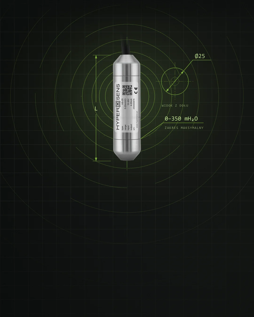 Sonda hydrostatyczna HS-25 na tle rysunku technicznego: średnica 25 mm, maksymalny zakres pomiarowy 0–350 mH2O